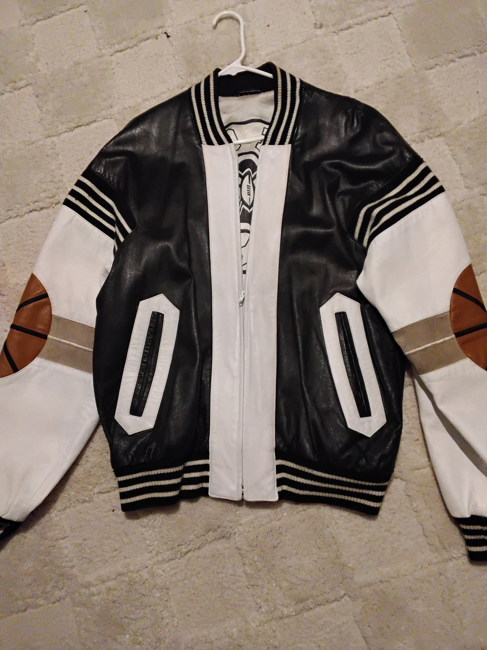 $100 Michael Hoban Black and White Leather Varsity Jacket with Brown Accents
